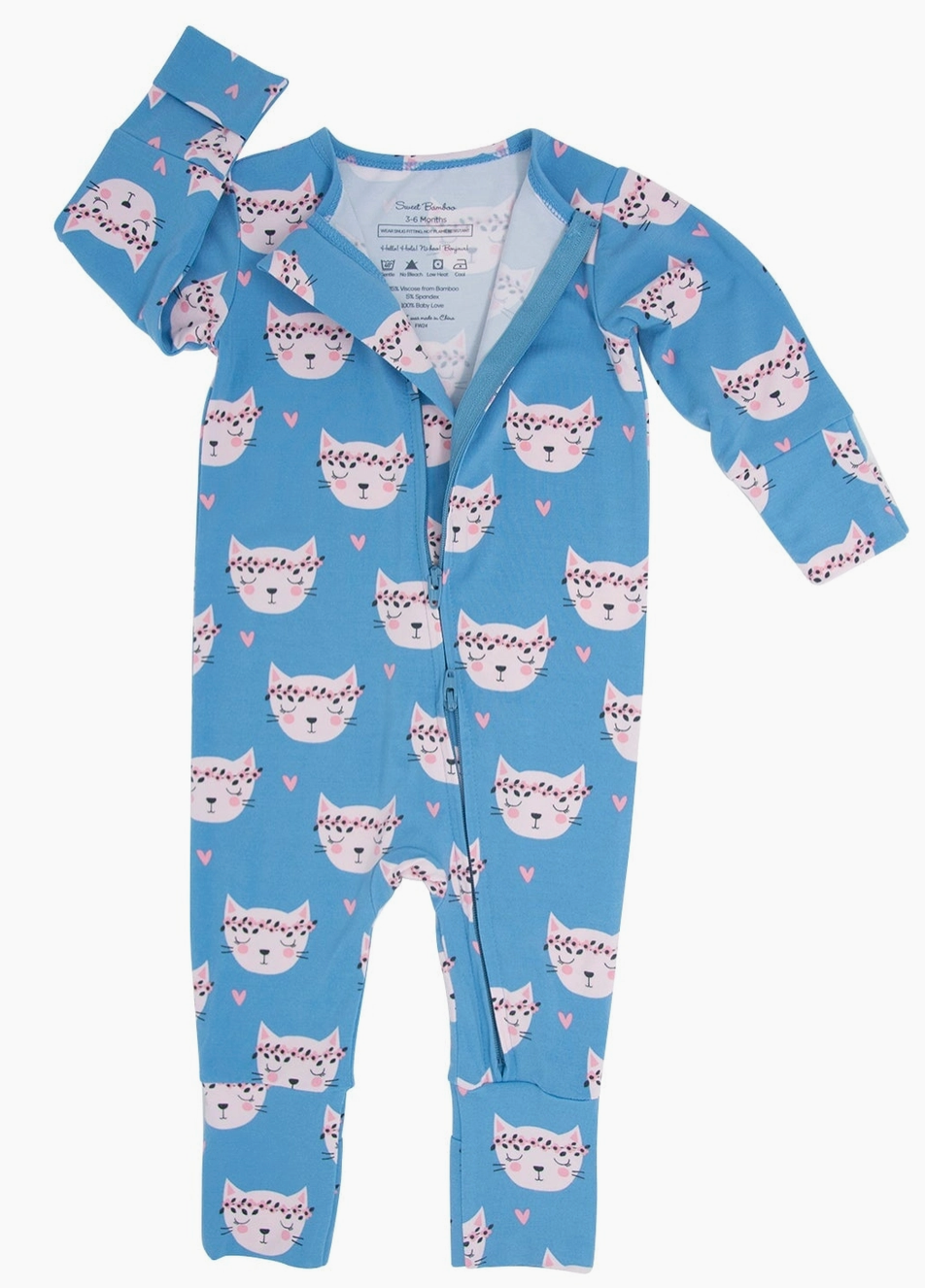 Sweet Bamboo blue convertible romper with a pattern of cat faces and hearts.