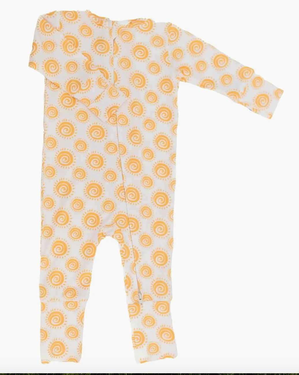 Sweet Bamboo baby onesie with orange sun pattern on a white background
