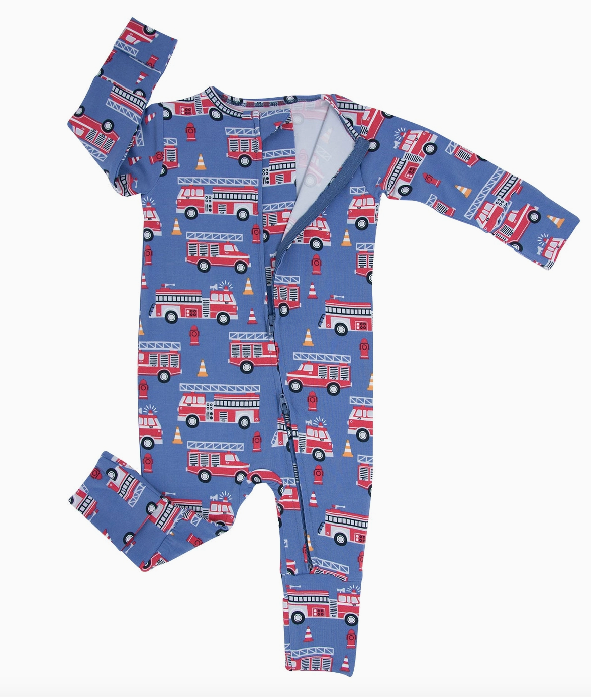 Sweet Bamboo blue convertible romper with red engine fire trucks.