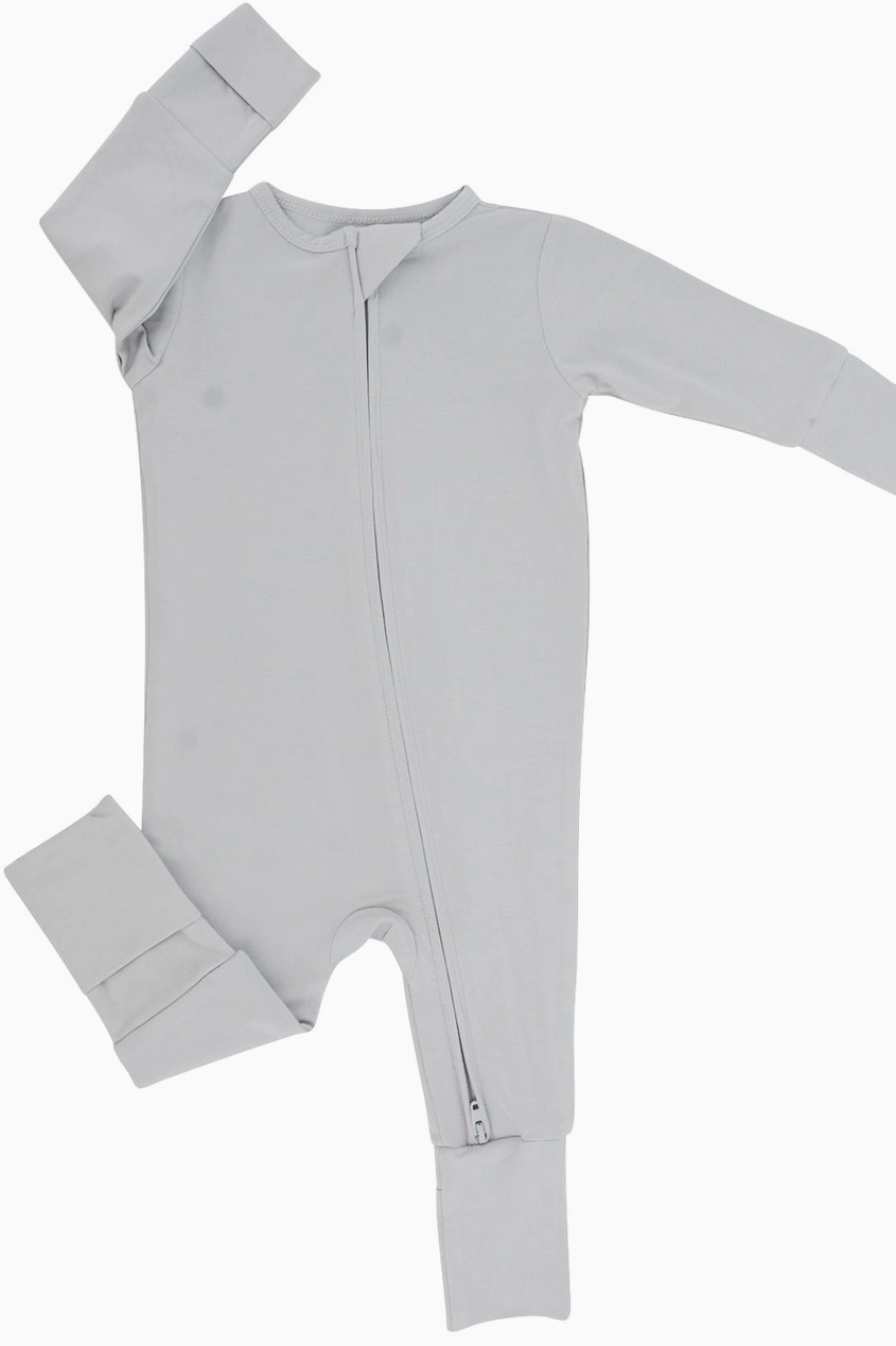 Sweet Bamboo long-sleeved gray convertible romper for babies, with a visible two-way zip feature.