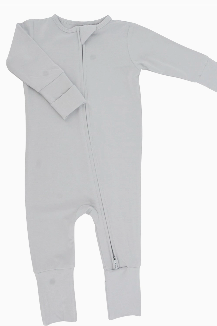 Sweet Bamboo grey onesie with open foot design.