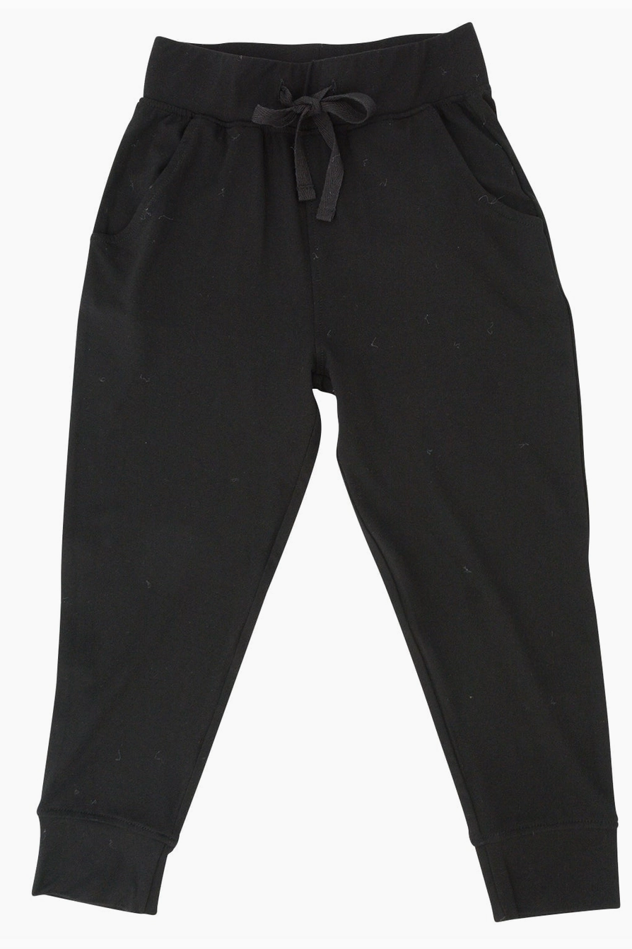 Sweet Bamboo black bamboo fabric children's pants with double-sided pockets and a drawstring waistband.