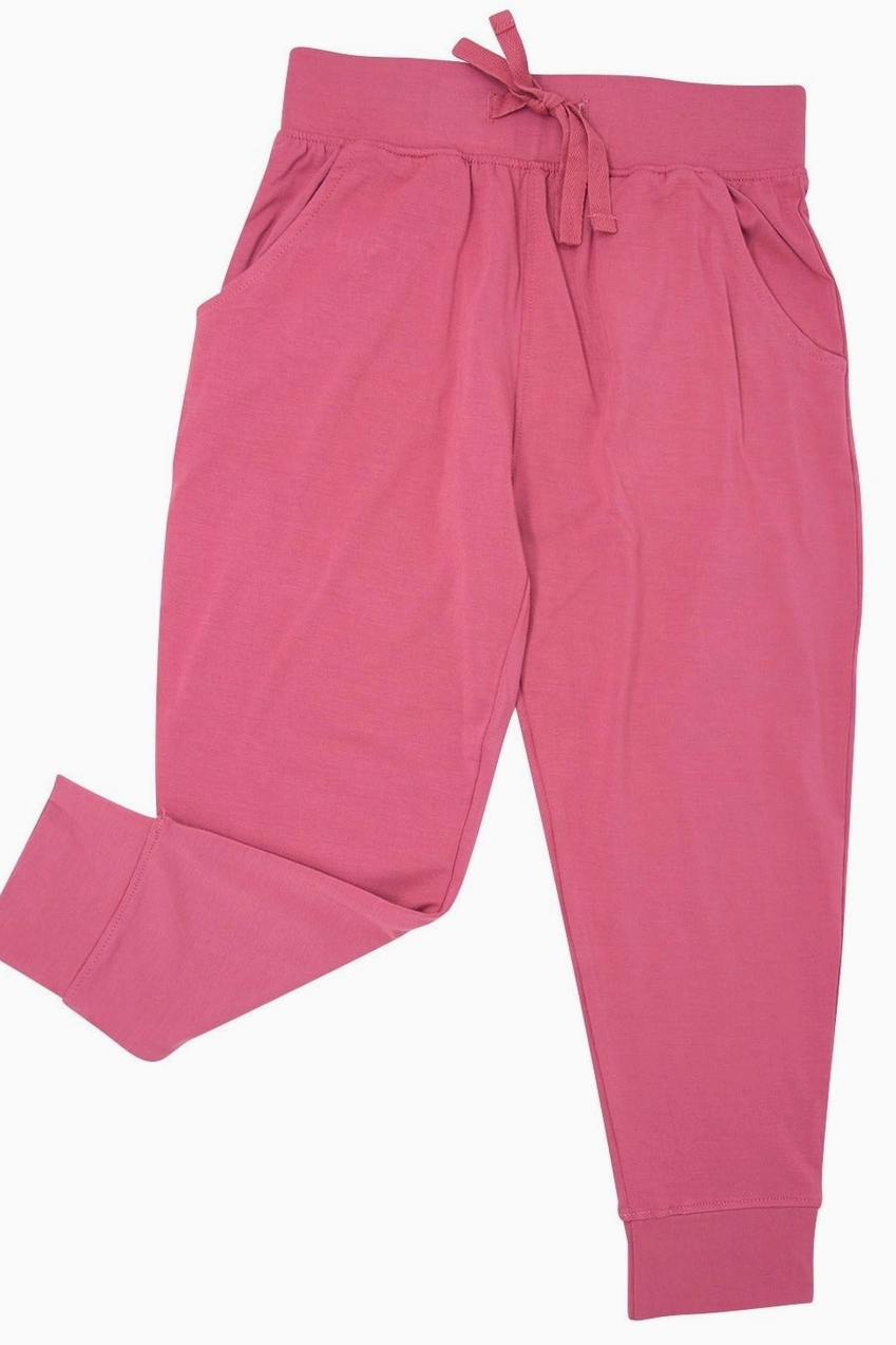 Sweet Bamboo pink bamboo fabric children's pants with double-sided pockets and a drawstring waistband.