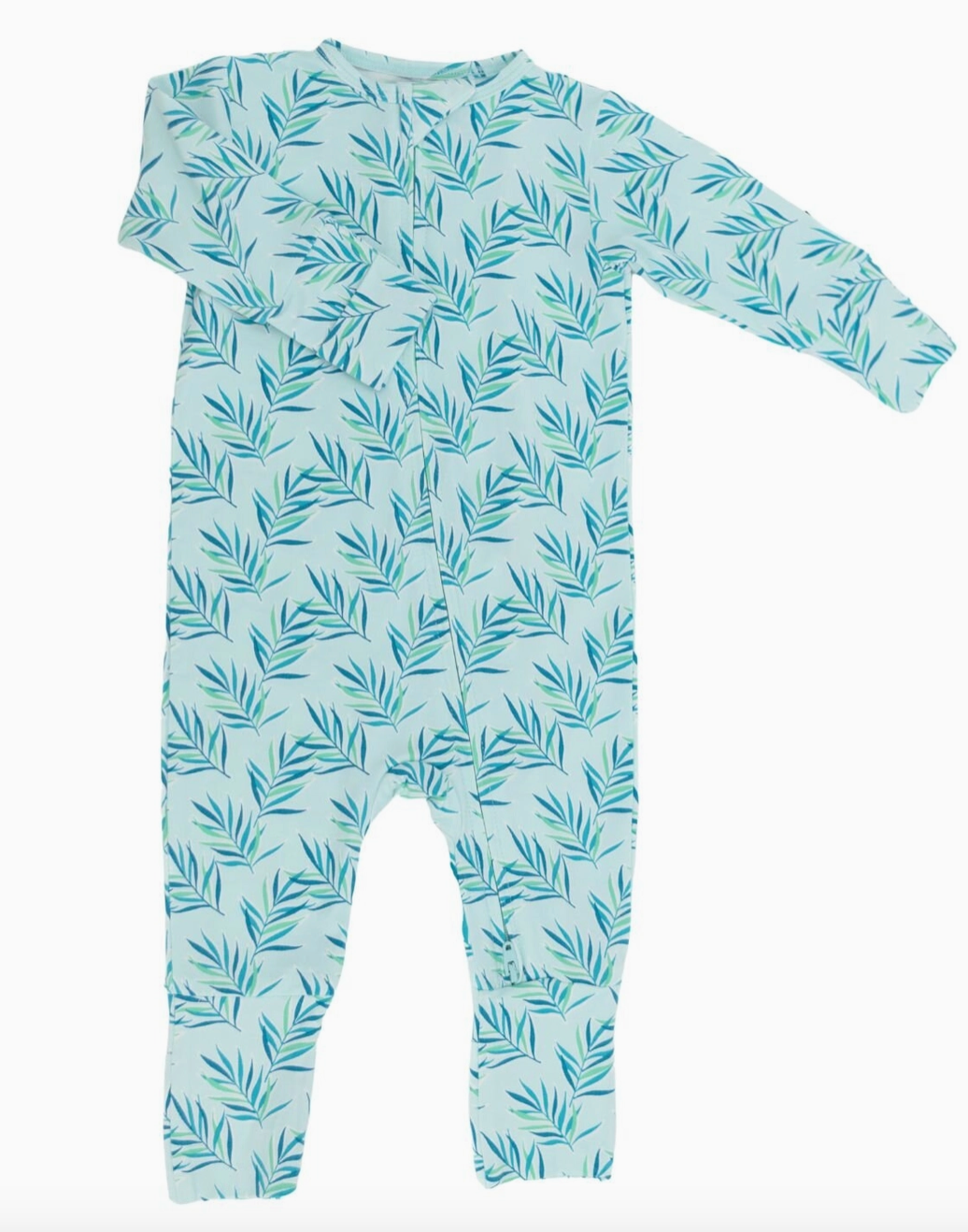A blue and white bamboo romper with palm leaf patterns, featuring a 2-way zipper and fold-over handcuffs.