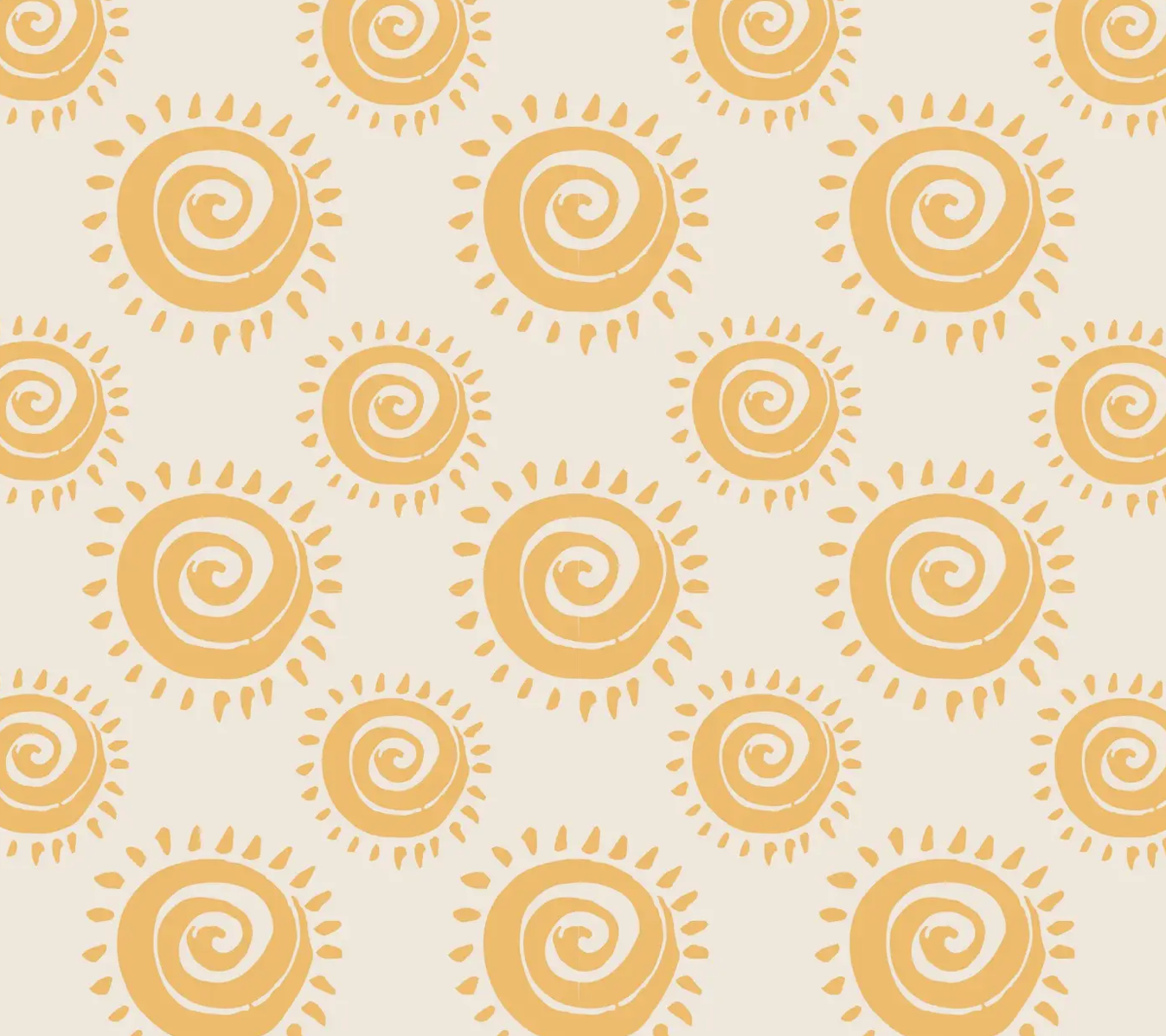 Pattern of yellow suns with spiral centers on a beige background