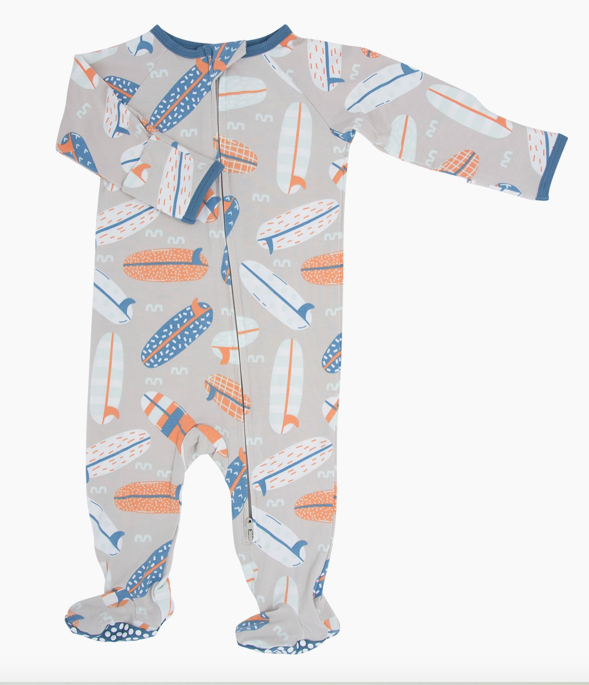 Sweet Bamboo multicolored baby footie with a surfboards pattern, featuring a 2-way zipper and fold-over handcuffs.