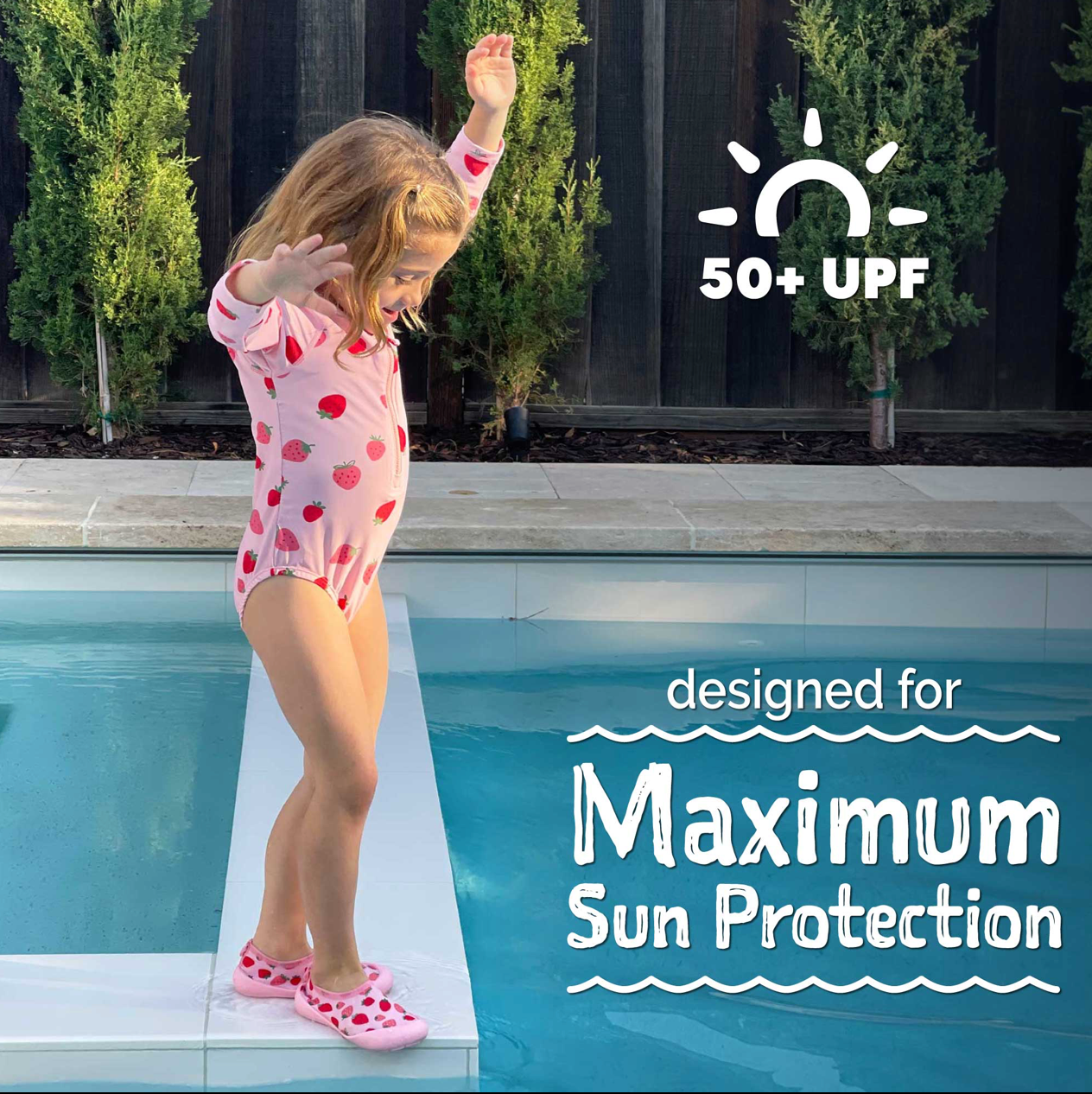 Swimwear with SPF strawberry print