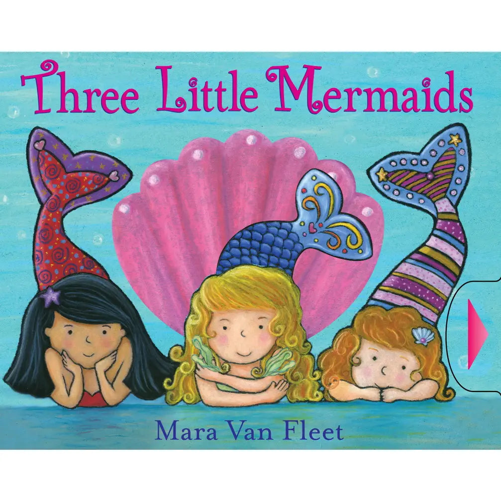 Book cover of 'Three Little Mermaids' with mermaid-themed illustration and colorful mermaid tails.