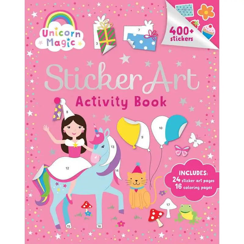 Unicorn Magic Sticker Art Activity Book with stickers and activities on a pink background