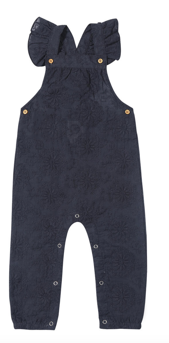Vignette navy blue, thick, soft lace overall for babies, with bow details on the shoulder straps.