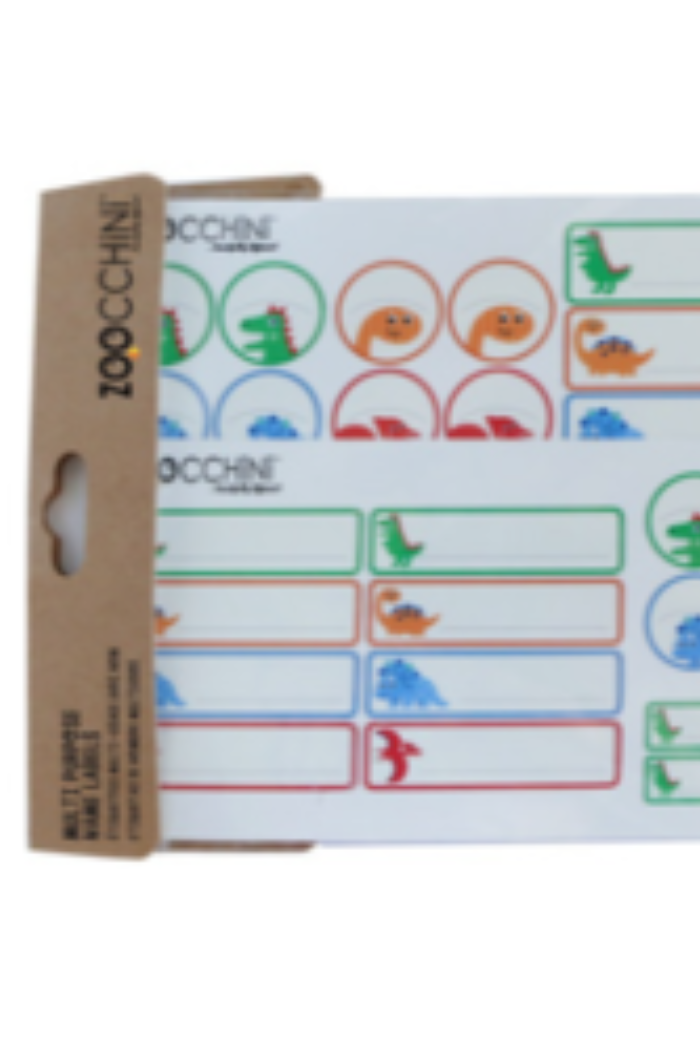 A pack of Zoocchi name labels with various animal illustrations, designed for labeling children's belongings such as clothes and shoes.