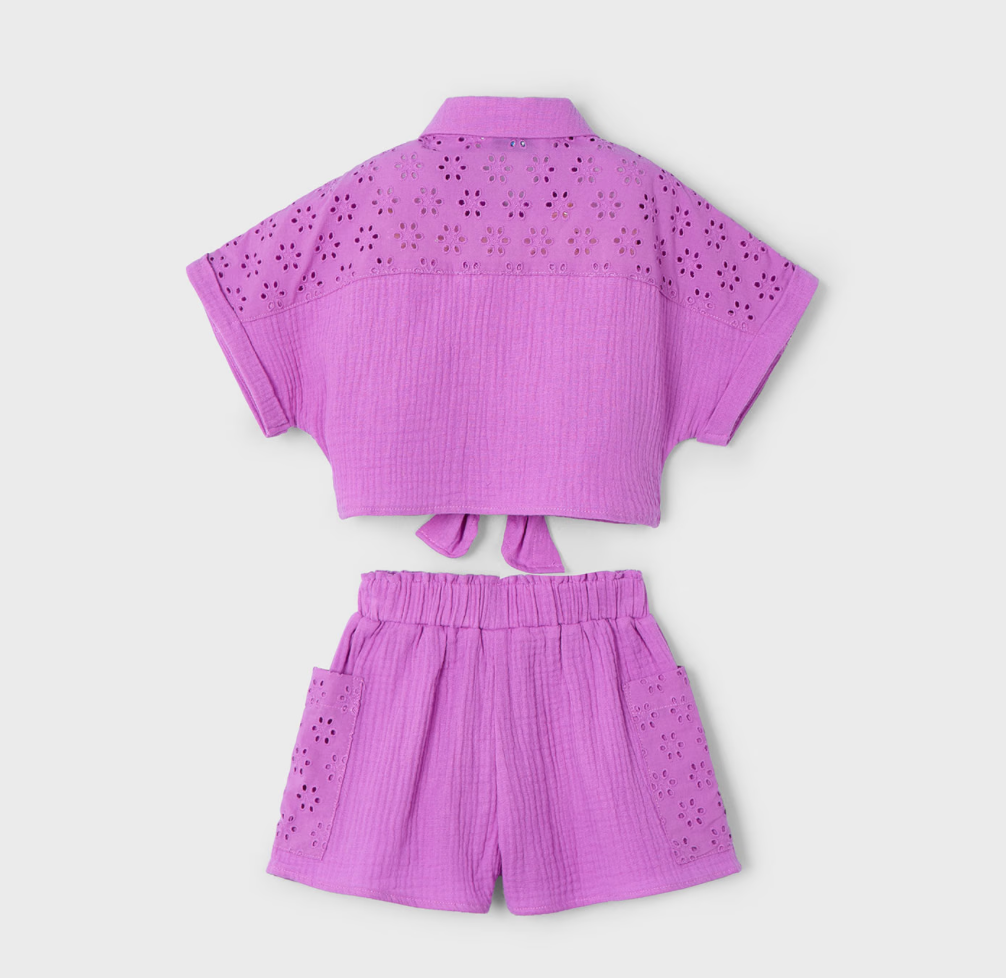 back view of orchid color short and top set