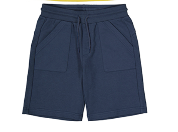 Navy blue shorts with a drawstring on a white background