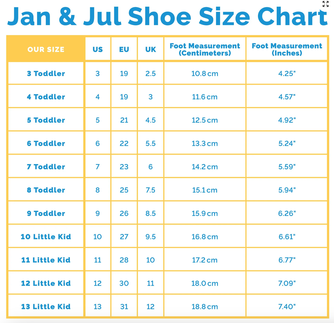 water play shoes size chart