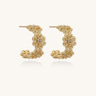 Ornate gold-plated brass hoop earrings featuring delicate floral filigree patterns and intricate rosette details.