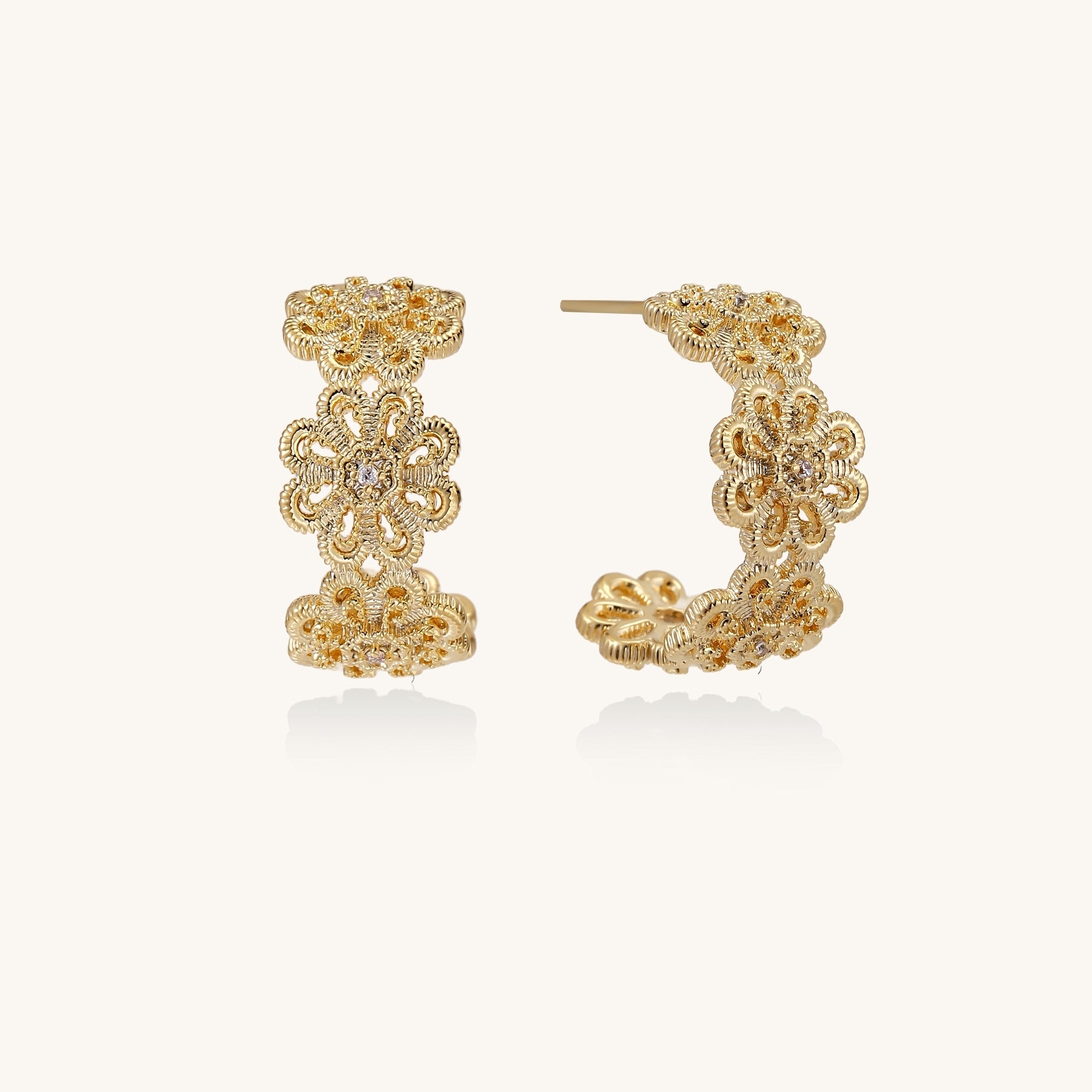 Ornate gold-plated brass hoop earrings featuring delicate floral filigree patterns and intricate rosette details.