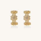 Ornate gold-plated brass hoop earrings featuring delicate floral filigree patterns and intricate rosette details.