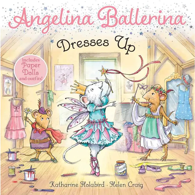 Book cover of 'Angelina Ballerina Dresses Up' with illustrated characters in a room.