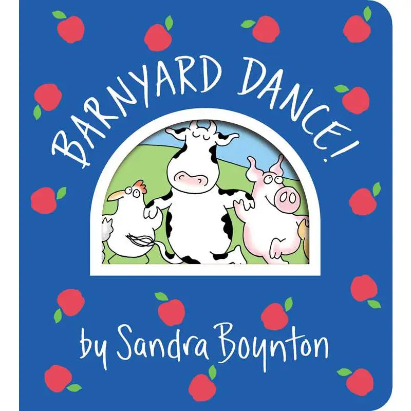 Book cover of 'Barnyard Dance!' by Sandra Boynton with cartoon animals and red apples on a blue background.