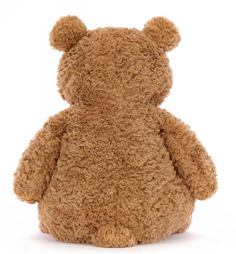 Back view of a Bartholomew Bear brown teddy bear on a white background