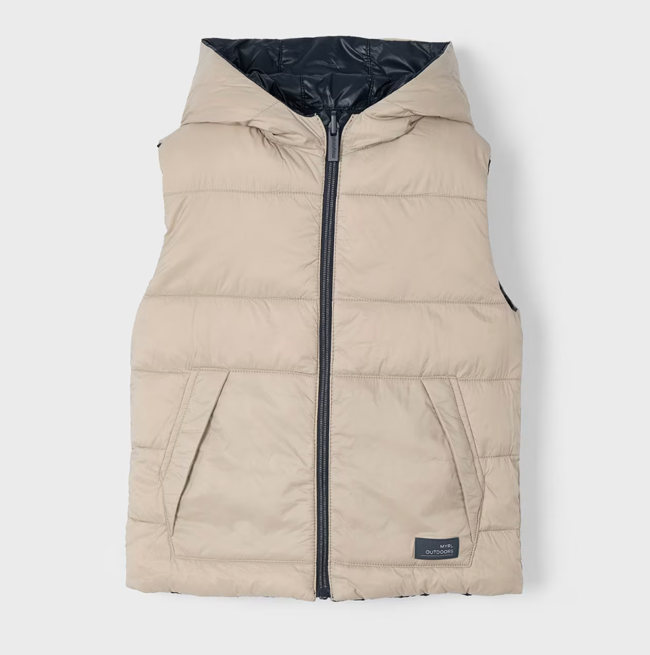 Beige and blue reversible puffer vest