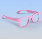 Pink eyeglasses with 'ro sham bo' branding for blue light protection. 