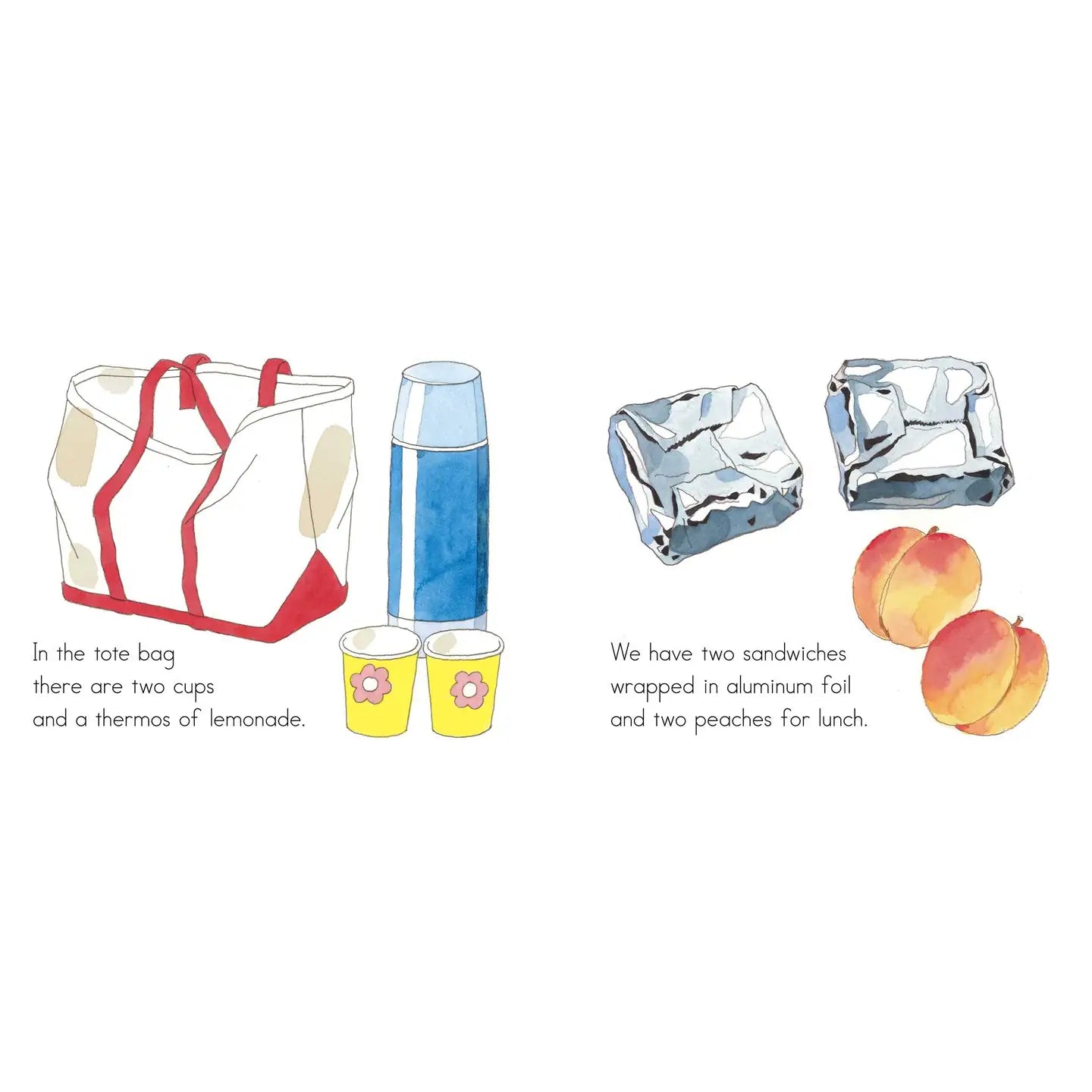 Illustration of a tote bag, cups, thermos, sandwiches, and peaches on a white background