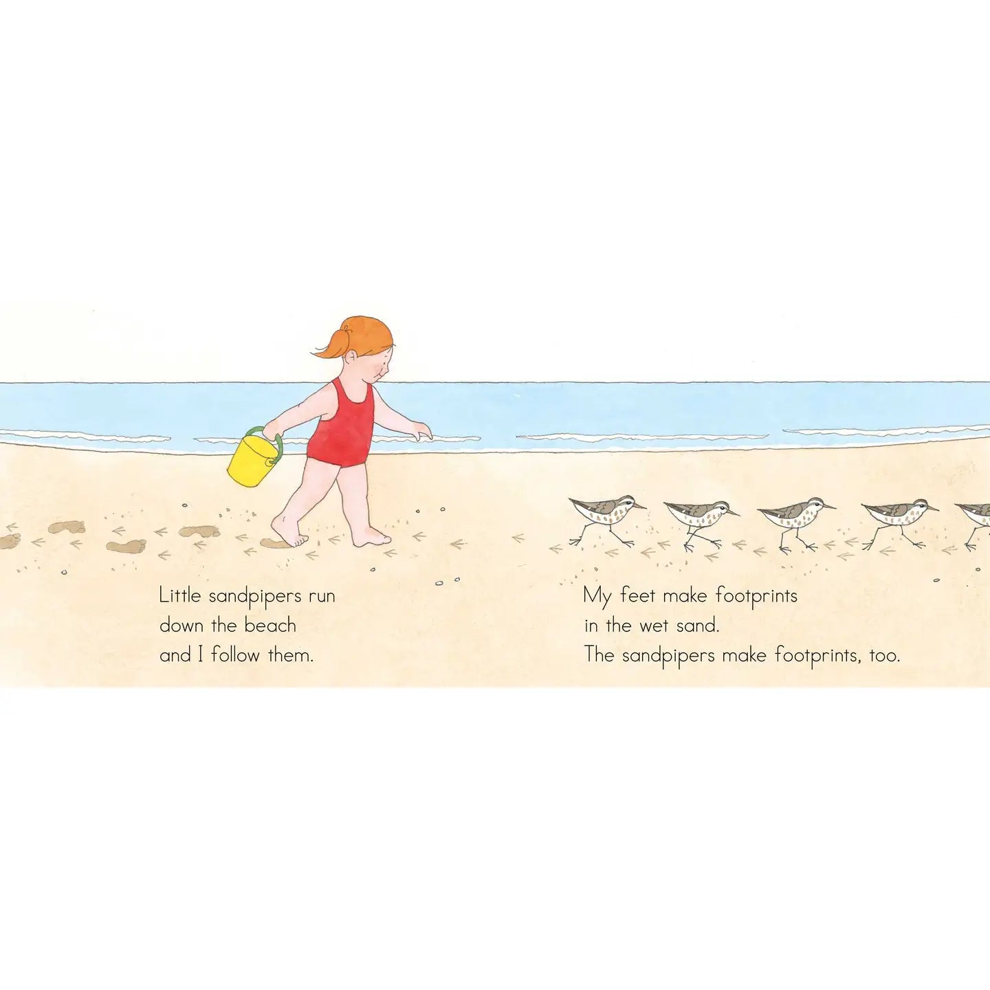 Illustration of a child walking on the beach with sandpipers and footprints.