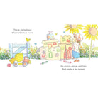 Illustration of a child playing with toy blocks in a backyard with flowers and toys.