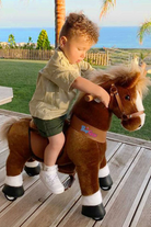 Boy riding a brown pony cycle