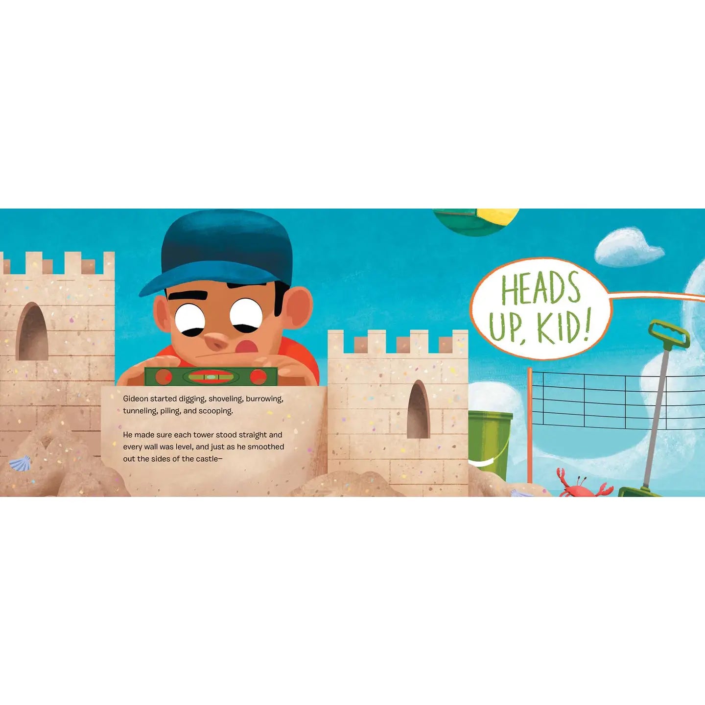 Cartoon character building a sandcastle with text 'HEADS UP, KID!' in the background