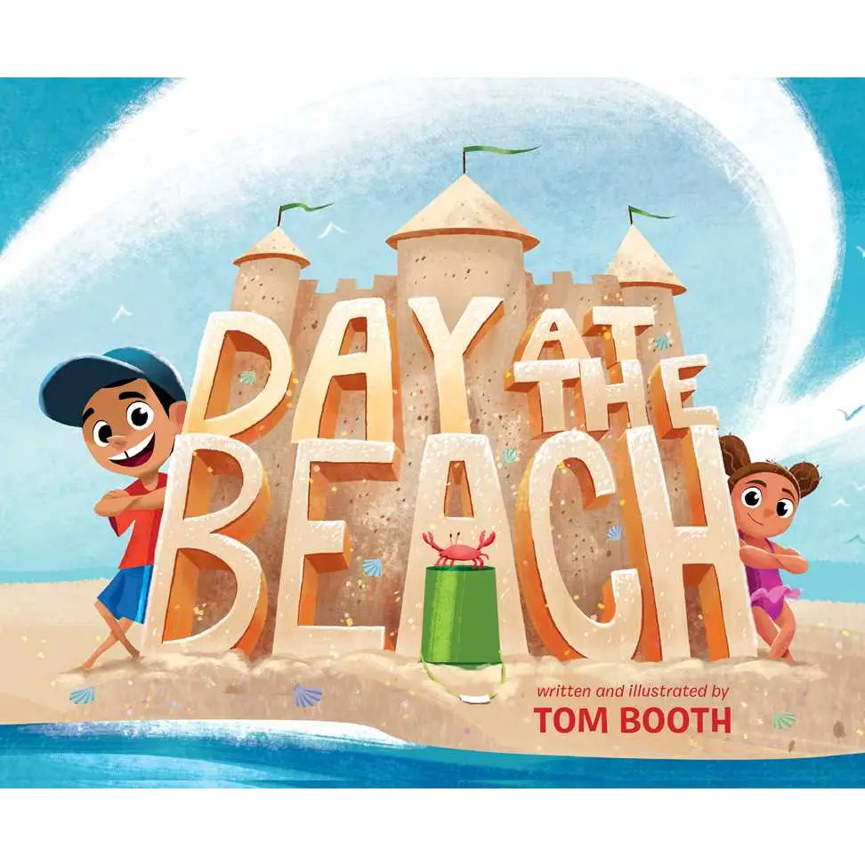 Book cover of 'Day at the Beach' with sandcastle design and children on a beach.