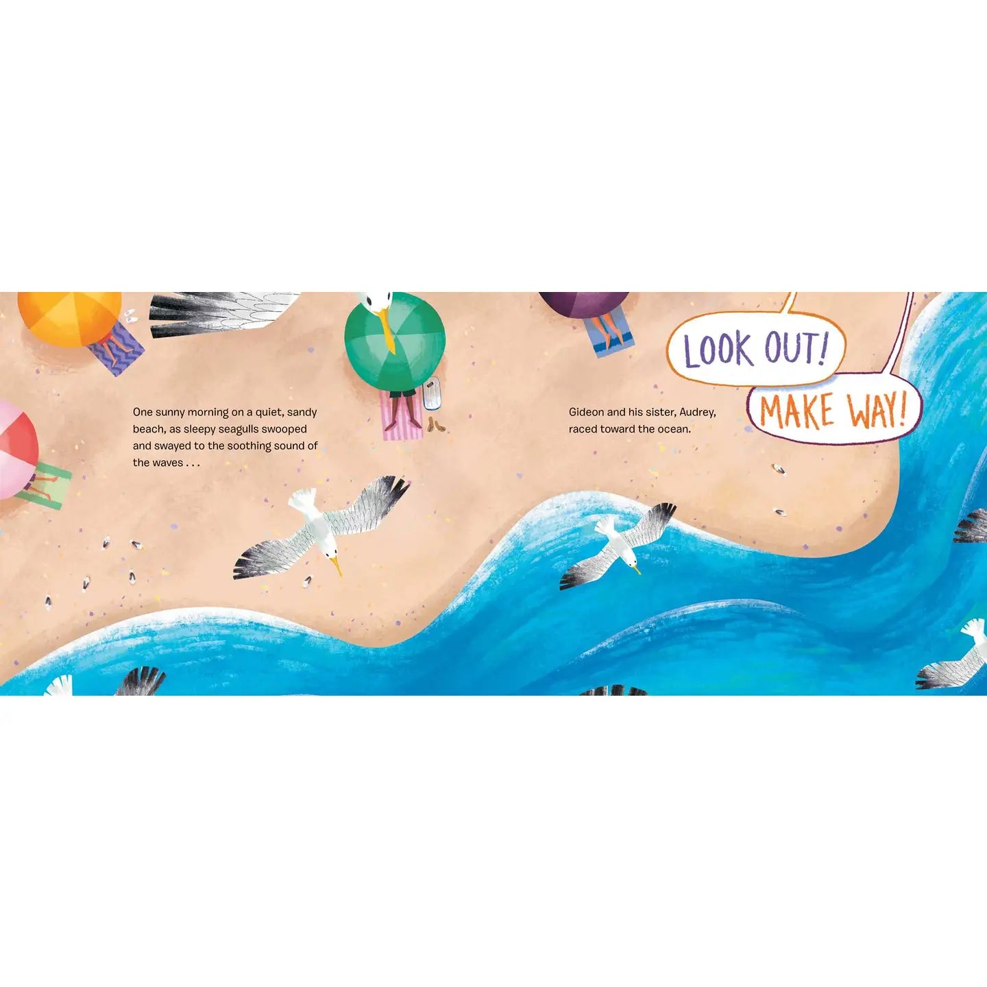Illustration of a beach scene with people, animals, and text on a white background