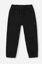 A pair of Deux Par Deux black stretch twill joggers with an elastic waistband and drawstring, displayed against a white background.