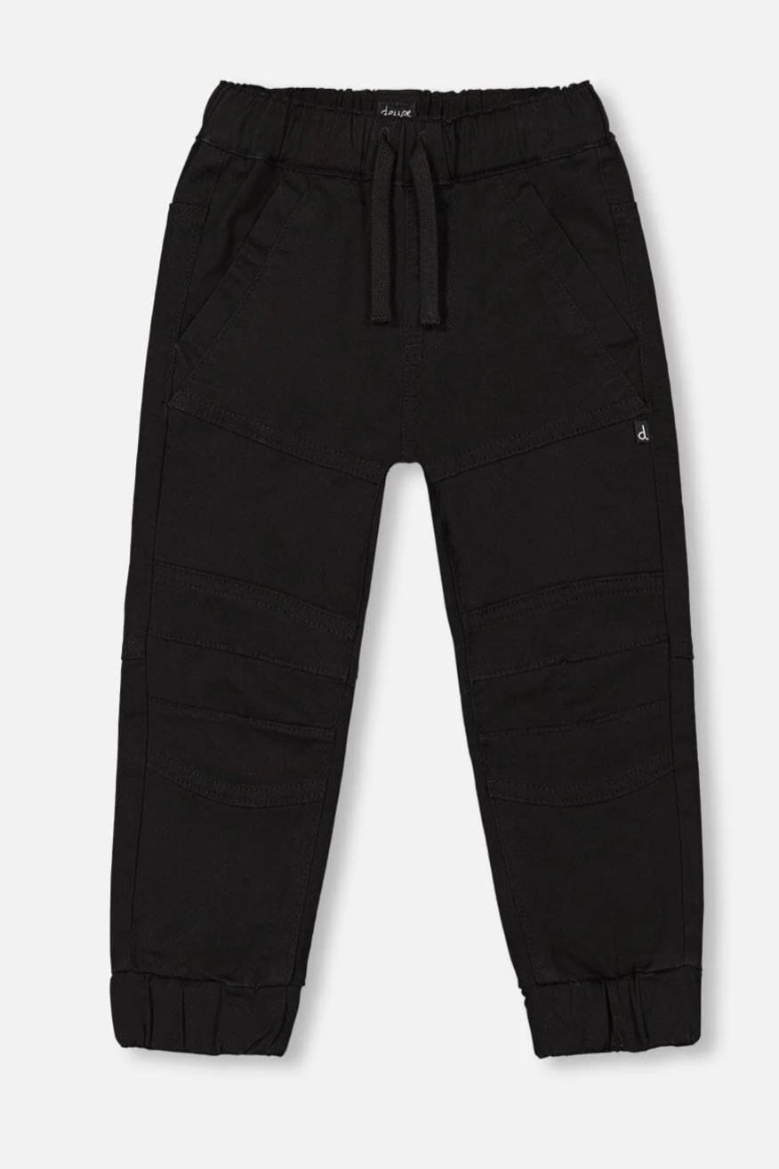 A pair of Deux Par Deux black stretch twill joggers with an elastic waistband and drawstring, displayed against a white background.