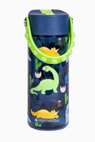 An 18 oz Elemental blue water bottle with a green pop handle and dinosaur pattern.