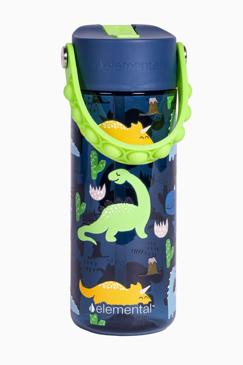 An 18 oz Elemental blue water bottle with a green pop handle and dinosaur pattern.