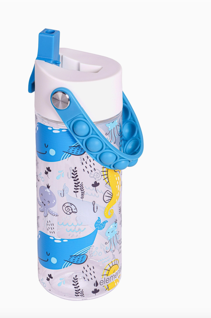 An 18 oz re-usable Elemental water bottle with a blue and gray ocean animal pattern and a fidget-friendly pop handle.