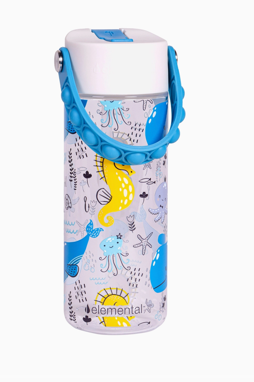 An 18 oz Elemental water bottle with a white background and bright ocean animal designs.