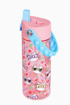 An 18 oz Elemental water bottle with a pink background and colorful cat print, and blue sipping straw