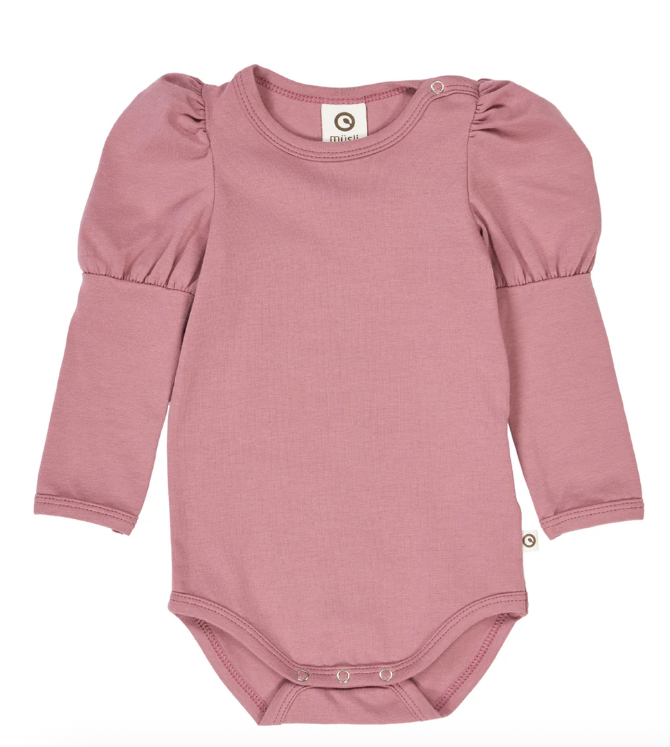 Green Cotton Group Pink baby bodysuit with puff sleeves on a white background