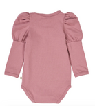 Back side view of Green Cotton Group pink bodysuit with puff sleeves on a white background