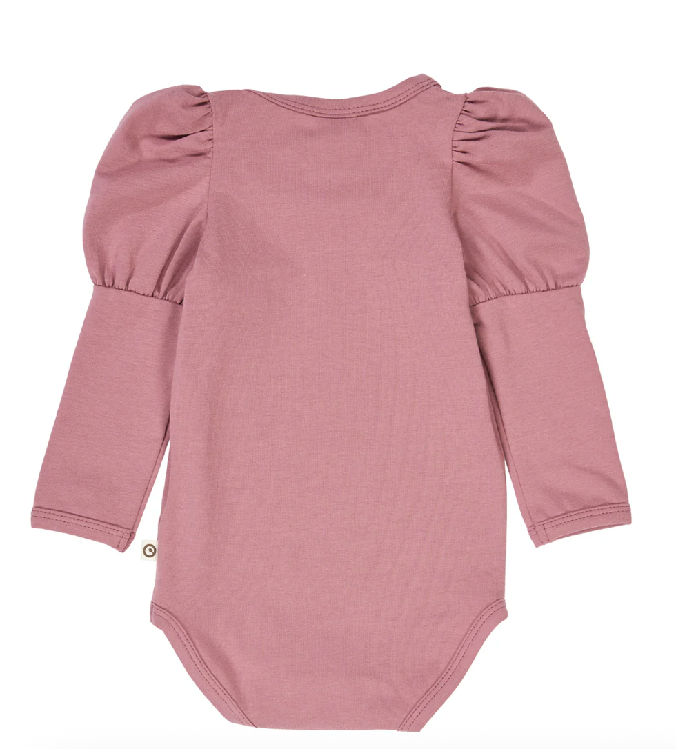 Back side view of Green Cotton Group pink bodysuit with puff sleeves on a white background