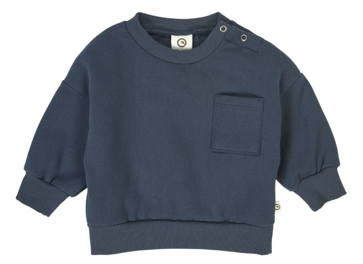 Green Cotton Group navy blue baby sweater with a pocket on a white background