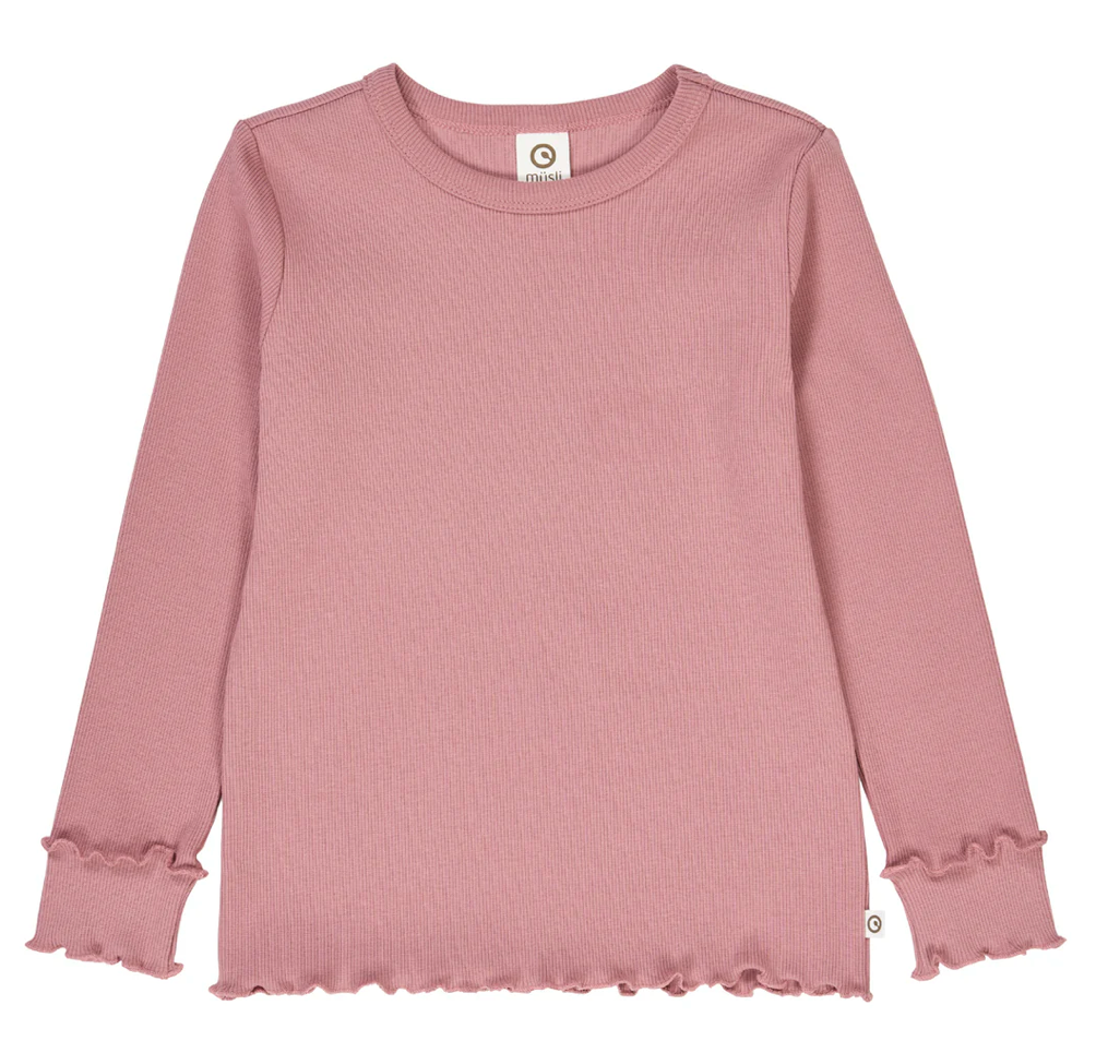 A Green Cotton Group rose long-sleeve top with ruffled edges on a white background