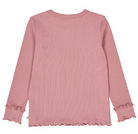 Backside view of Green Cotton Group rose ribbed long-sleeve top with ruffled edges on a white background