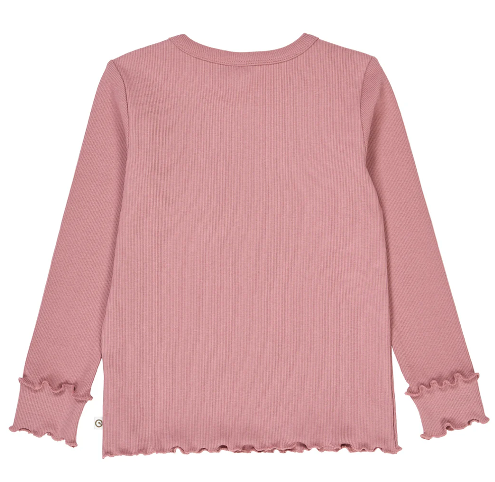 Backside view of Green Cotton Group rose ribbed long-sleeve top with ruffled edges on a white background
