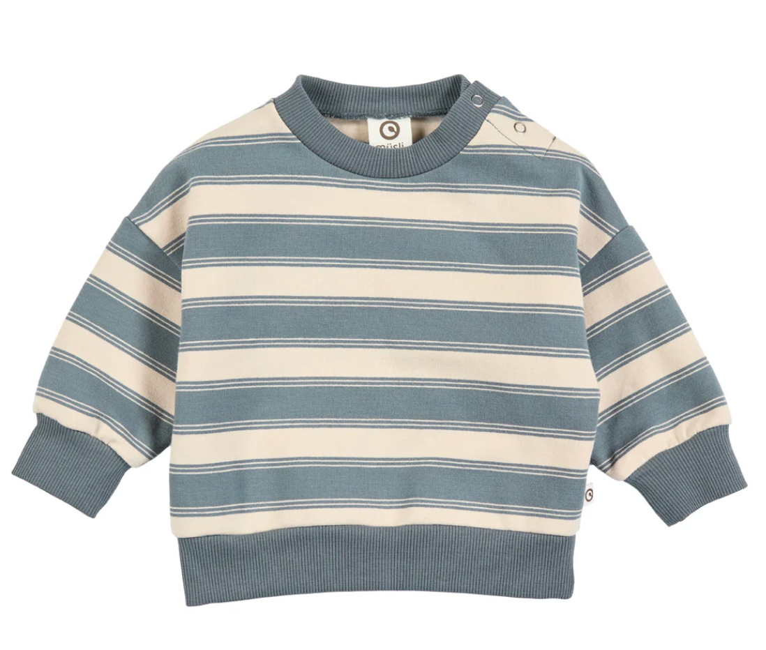 Green Cotton Group blue and beige striped sweater on a white background