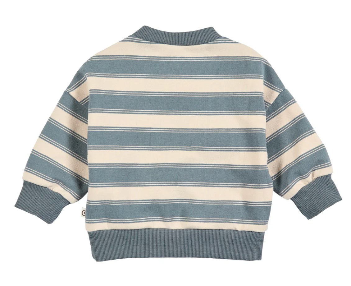 Backside view of Green Cotton Group striped sweater with blue and beige horizontal stripes on a white background