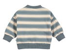 Backside view of Green Cotton Group striped sweater with blue and beige horizontal stripes on a white background